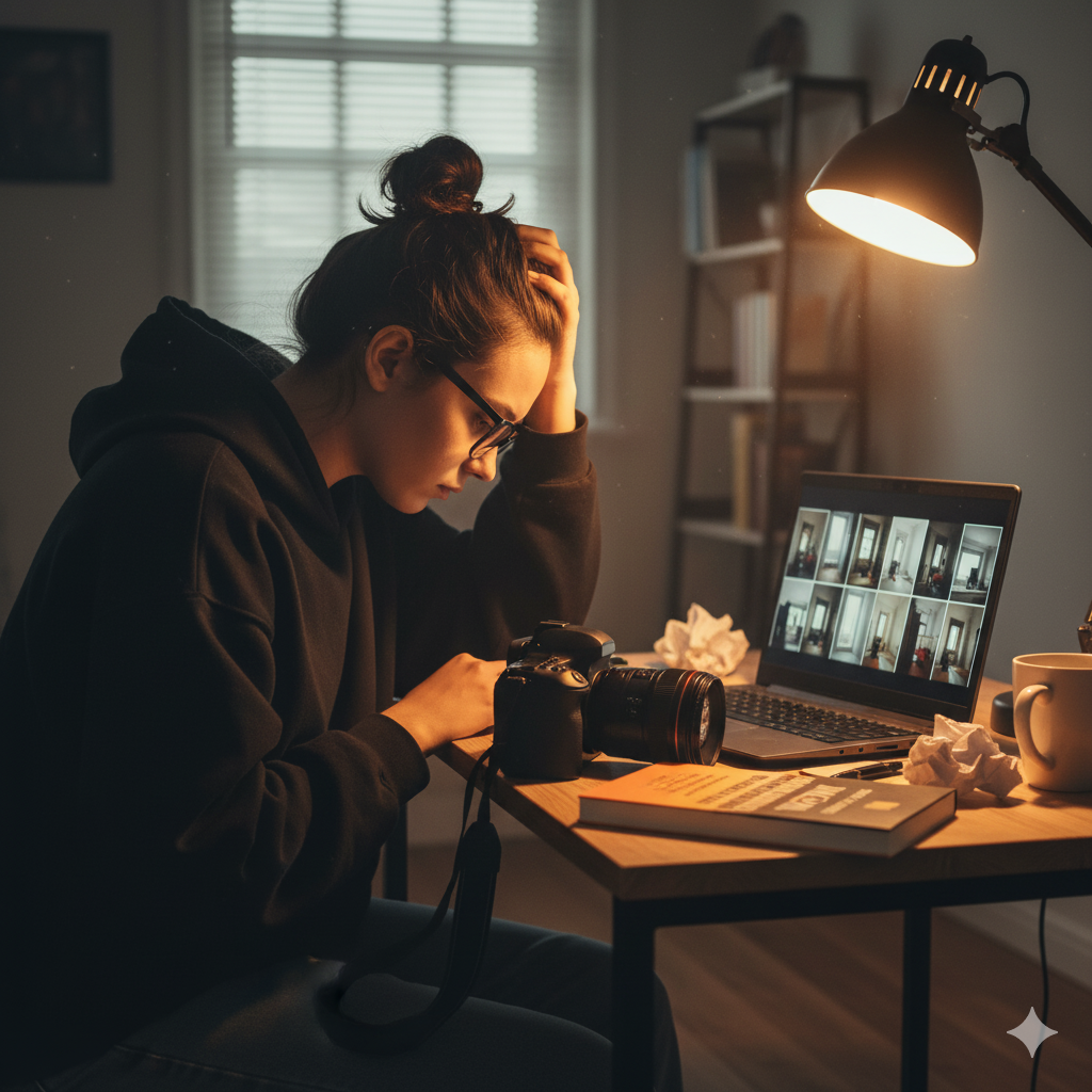 Frustrated photographer looking at flat photos on laptop with camera on desk