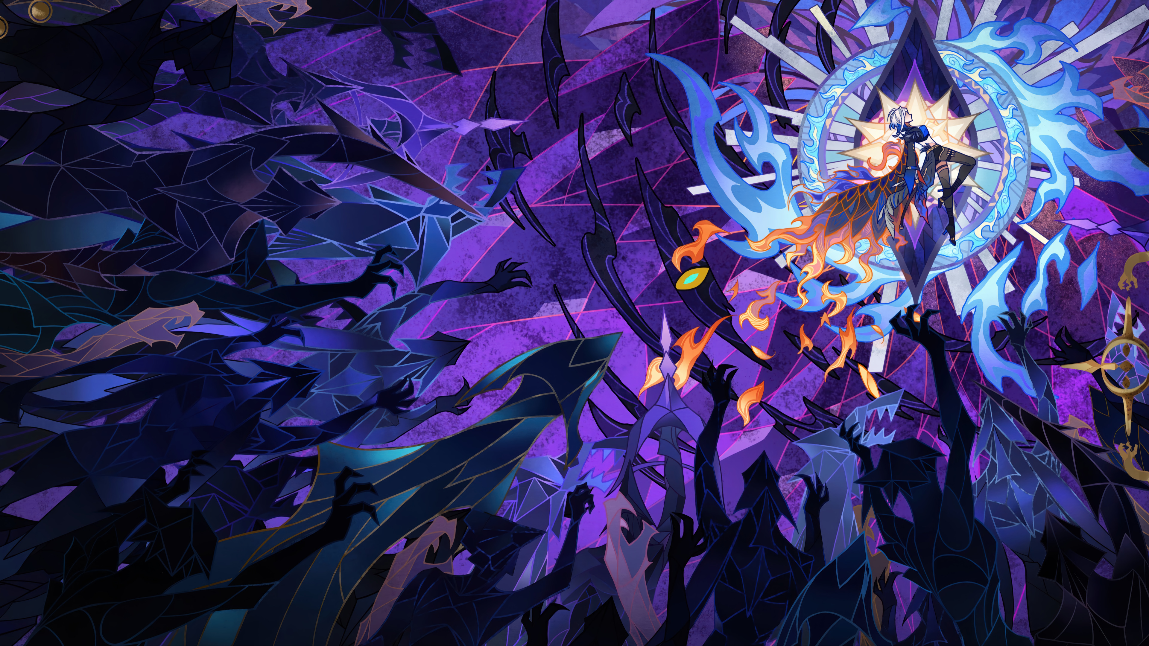 Wuthering Waves White Hair Blue Orange Flame Mount Battle