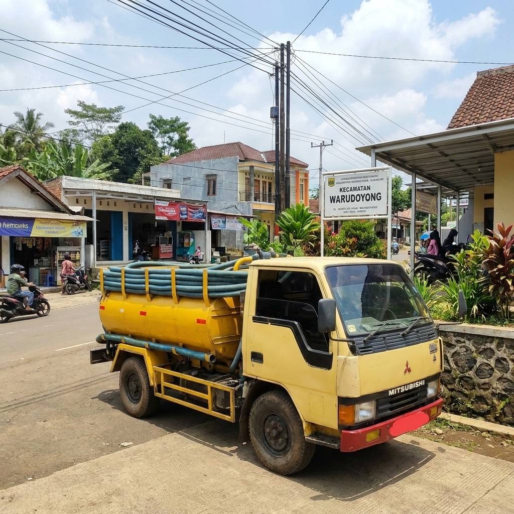 Truk sedot WC dengan selang biru di Kecamatan Warudoyong Sukabumi