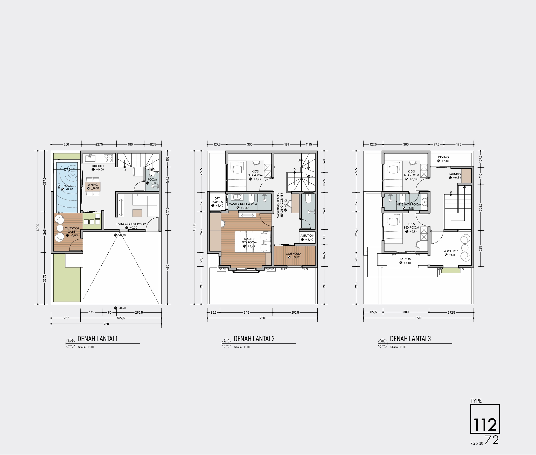 Denah Lantai 1, 2, dan 3 Type 112