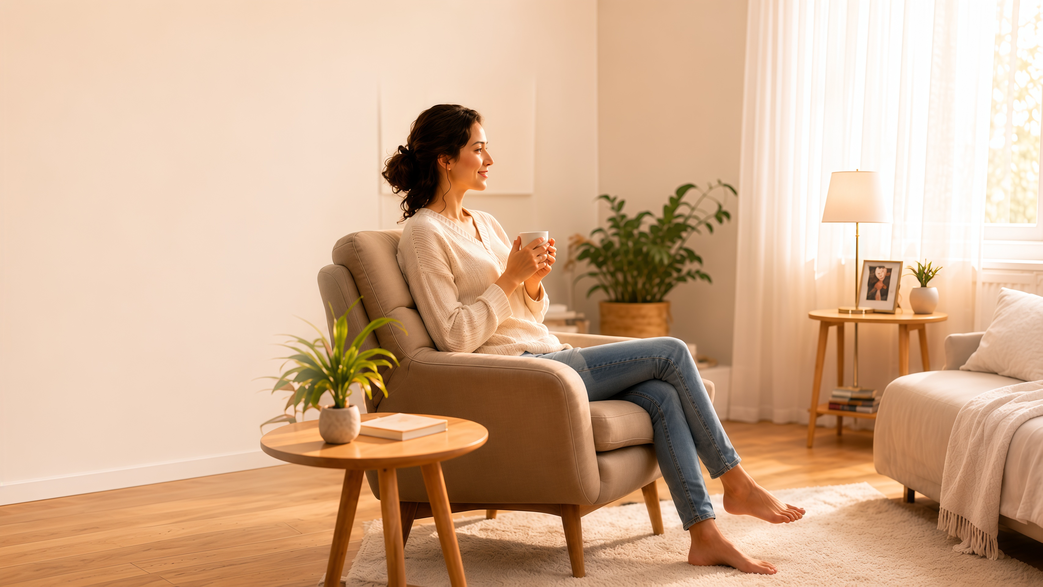 Woman in cozy living room