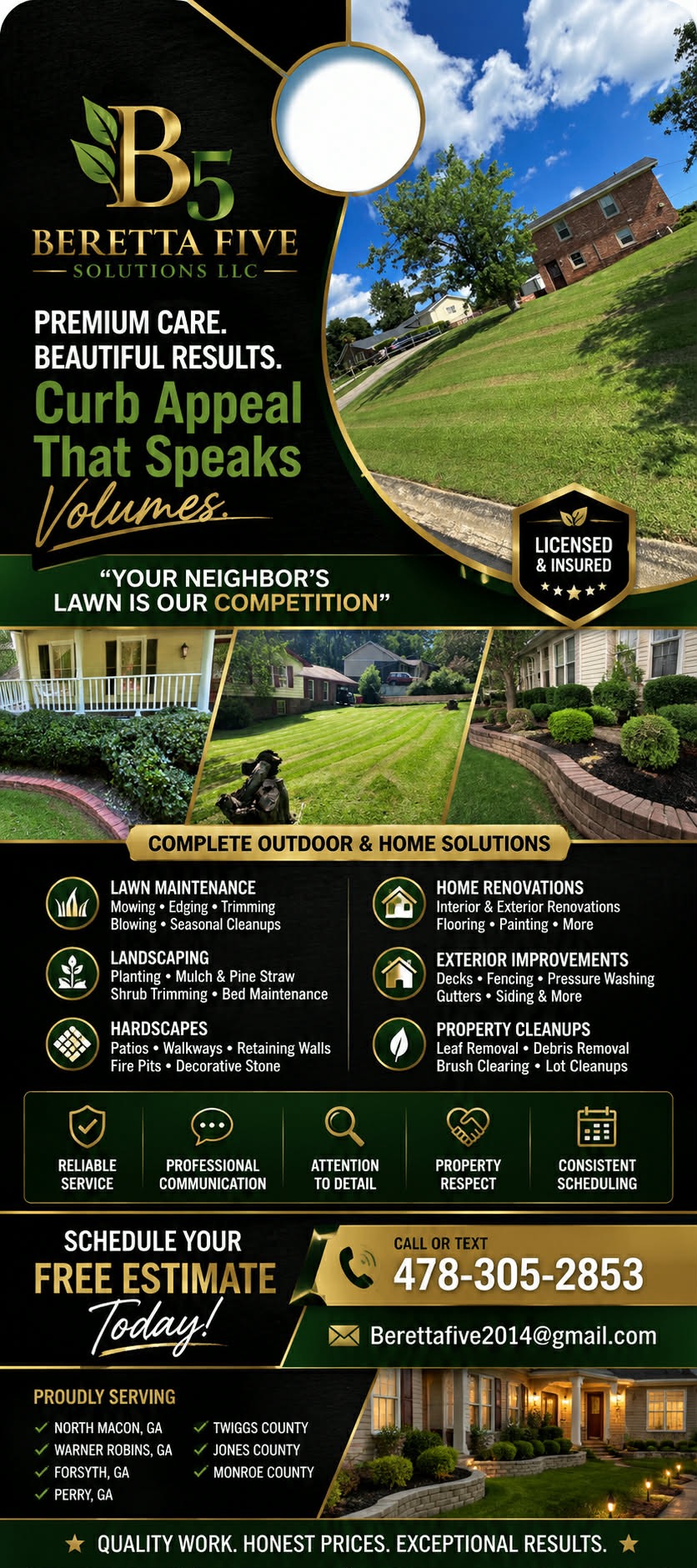 Beretta Five Solutions LLC — Premium Care Beautiful Results — Lawn Maintenance, Landscaping, Licensed and Insured