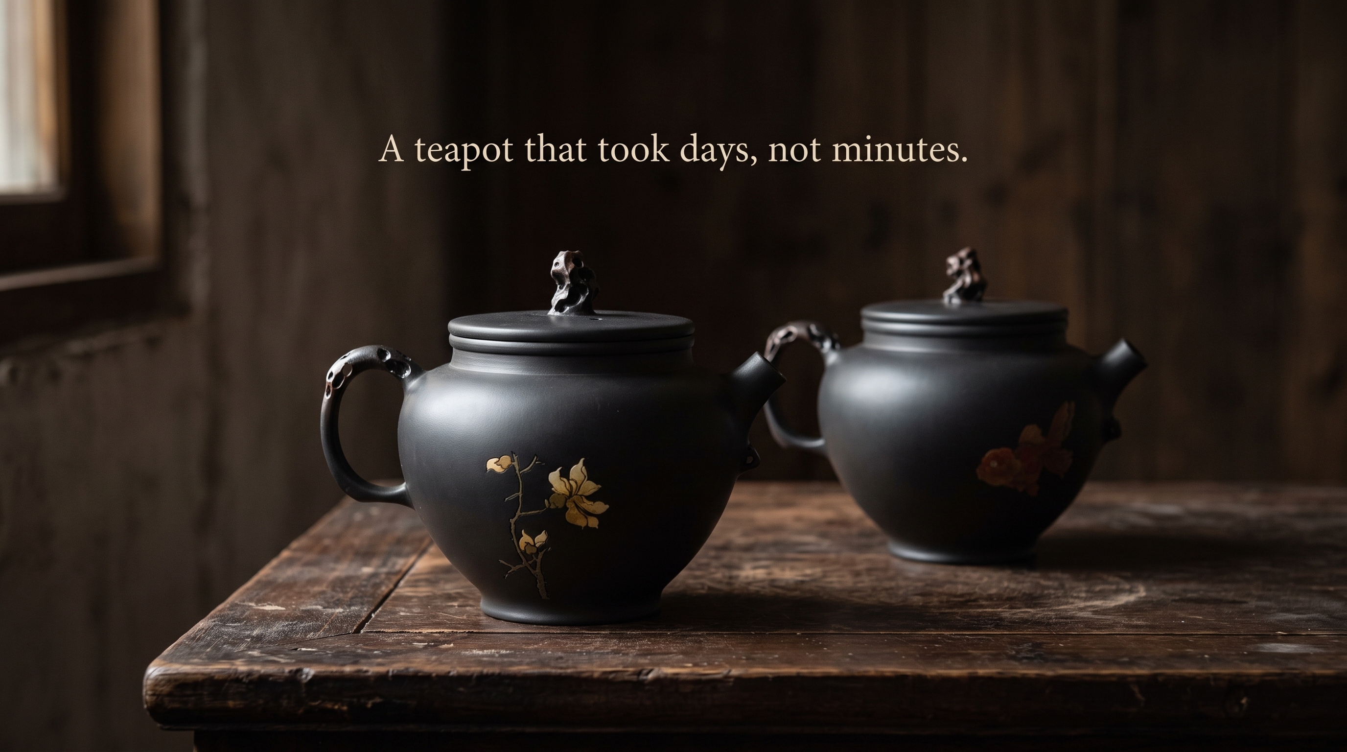 Two decorated dark Zitao teapots resting on an aged wooden table in still light