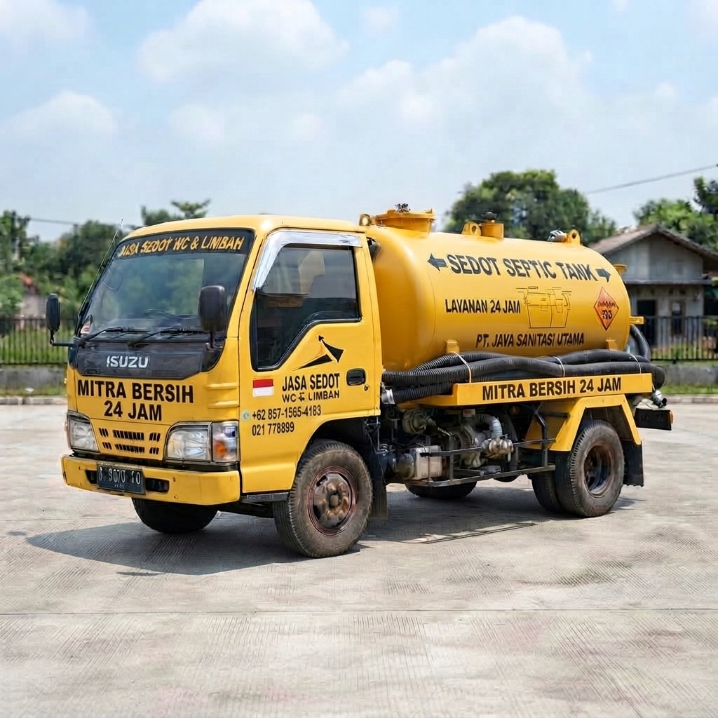 Truk Isuzu kuning Sedot Septic Tank Mitra Bersih 24 Jam di Karawang