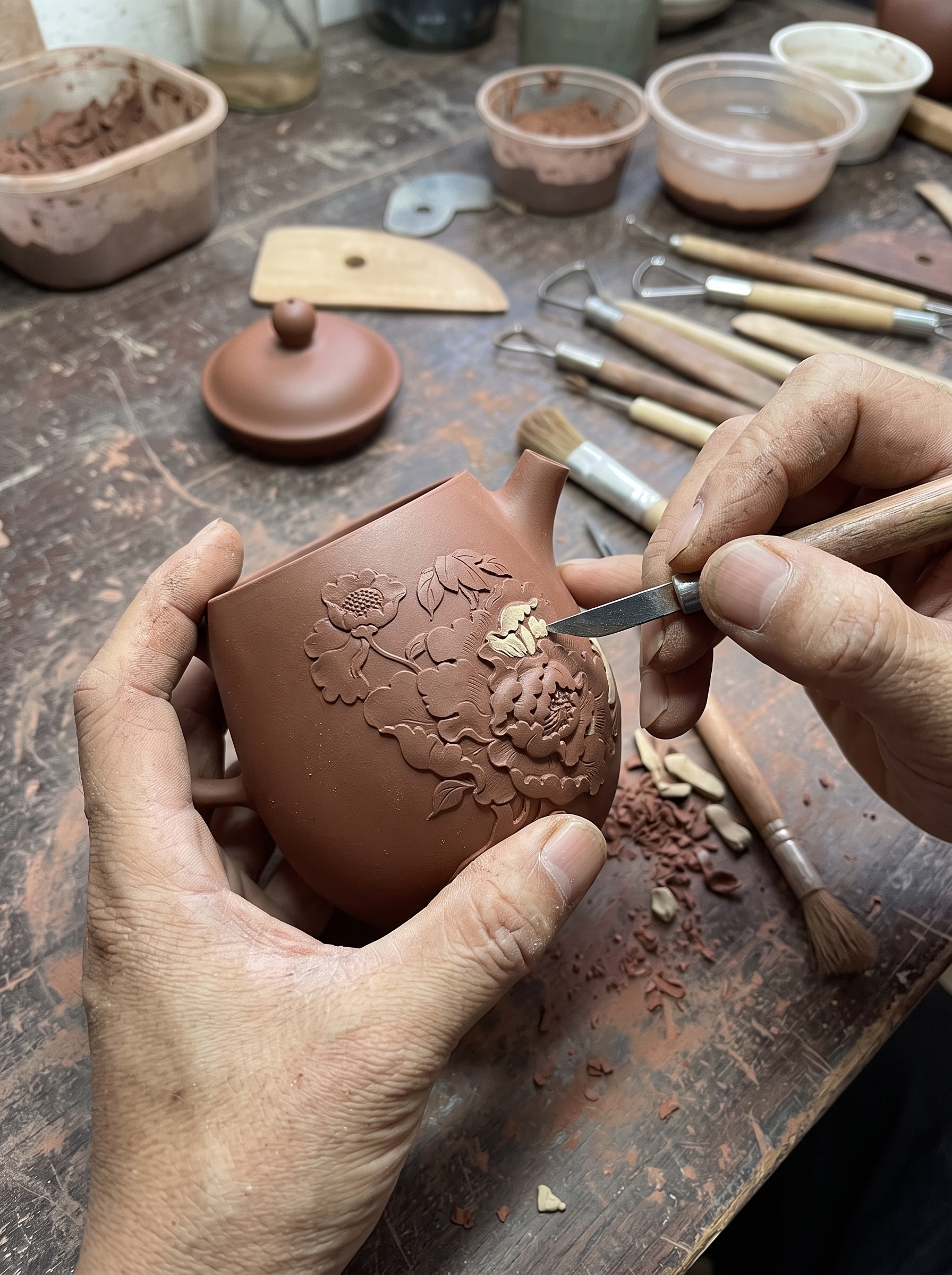 A craftsman carving floral decoration into the body of a teapot with a fine blade