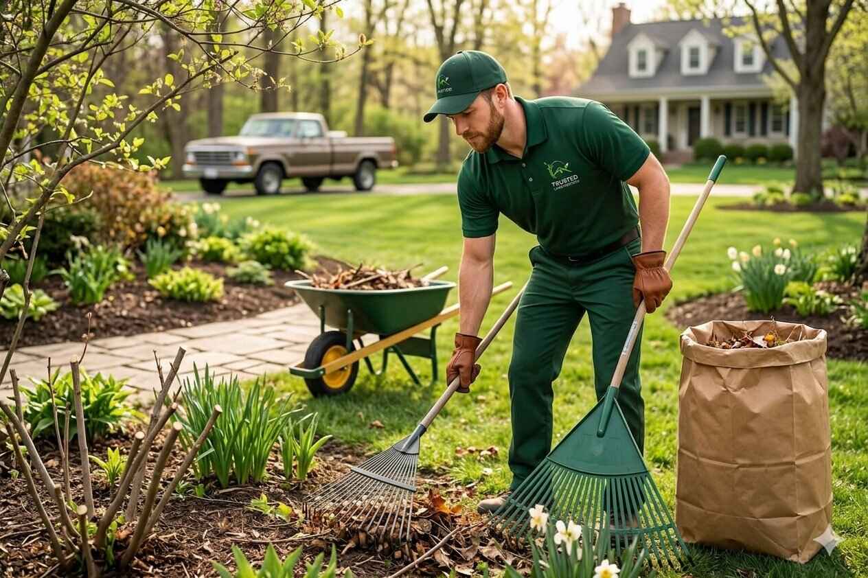 Trusted Lawn Services crew member in green uniform raking leaves during professional spring yard clean up with wheelbarrow, debris bags, lawn and pickup truck in background