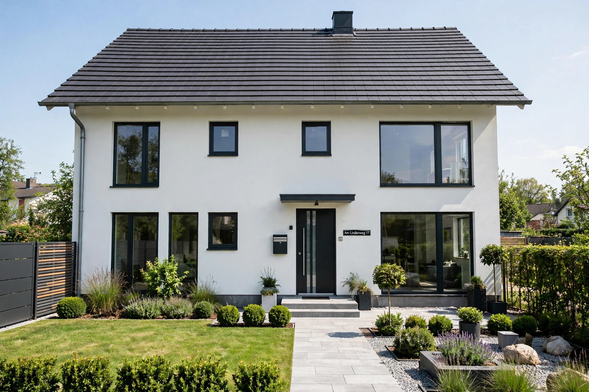 Saniertes Zweifamilienhaus nach der Renovierung: weiße Fassade, dunkle Fenster, gepflegter Garten