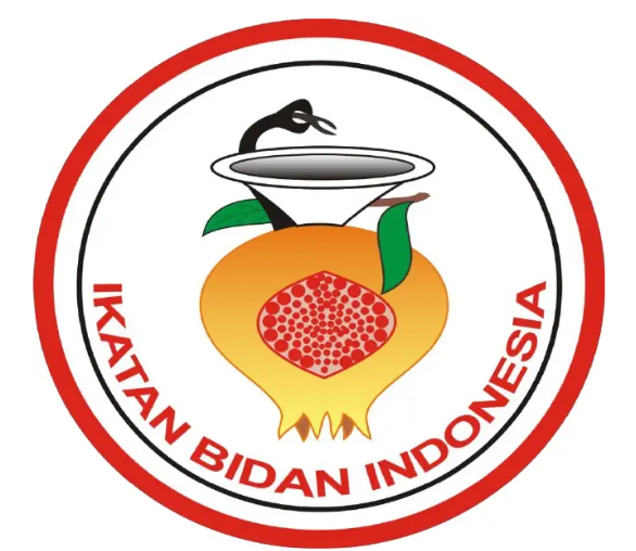 Logo Ikatan Bidan Indonesia (IBI) berbentuk bundar dengan garis merah putih, buah delima, daun hijau, dan simbol ular serta cawan di bagian atas