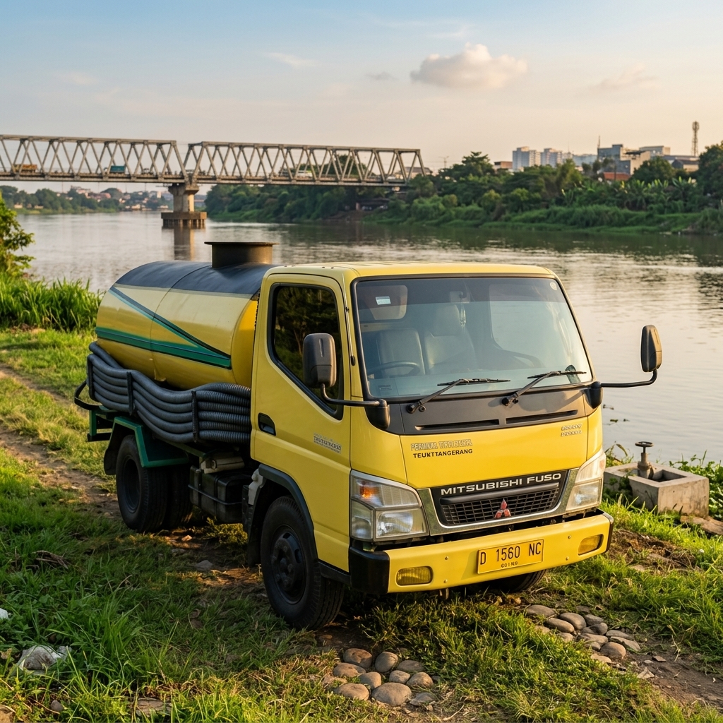 Truk sedot WC parkir di pinggir sungai