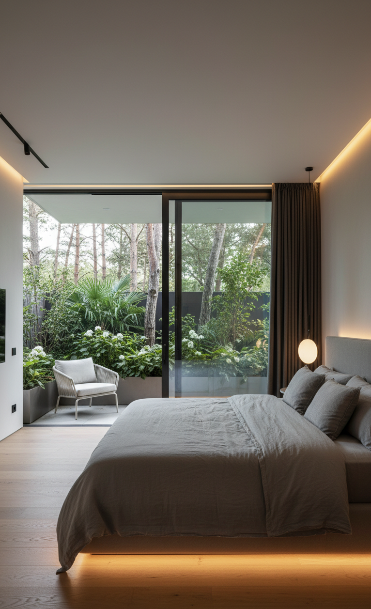 Modern bedroom with glass door connecting to outdoor garden