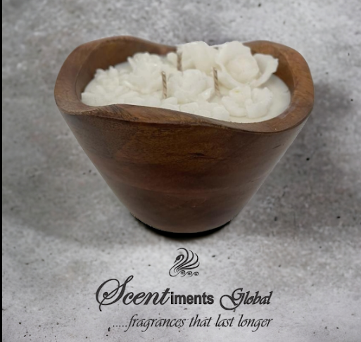 Branded wooden container white label candle with white floral design by Scentiments Global