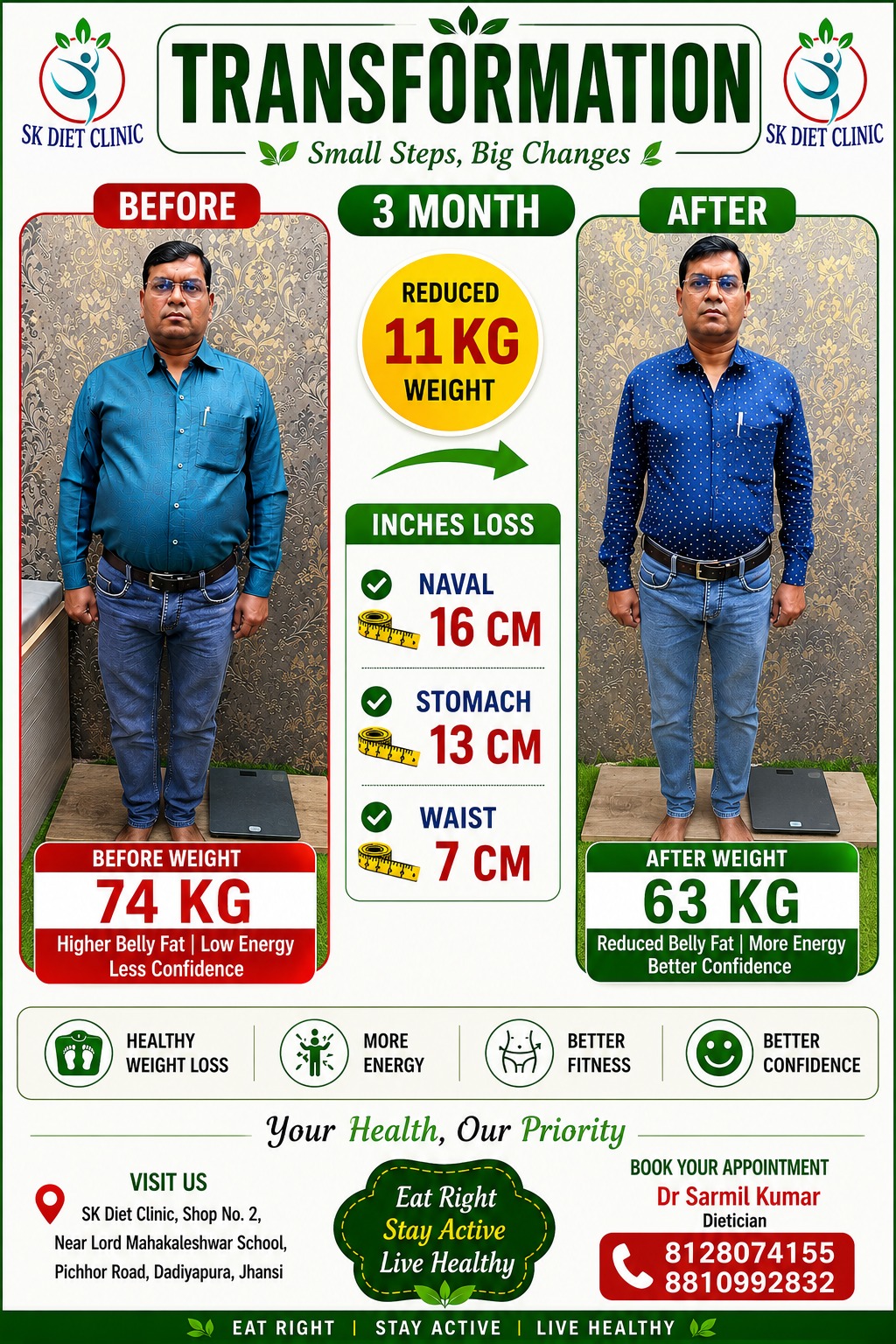 3 months personalized nutrition transformation reducing 11kg weight at SK Diet Clinic