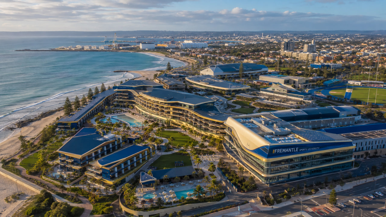 Fremantle Sports University aerial view overlooking the ocean and modern sporting facilities