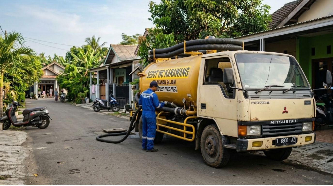 Armada Mitsubishi Fuso Sedot WC PT Hadi Jaya Nusantara beroperasi di jalan raya Karawang