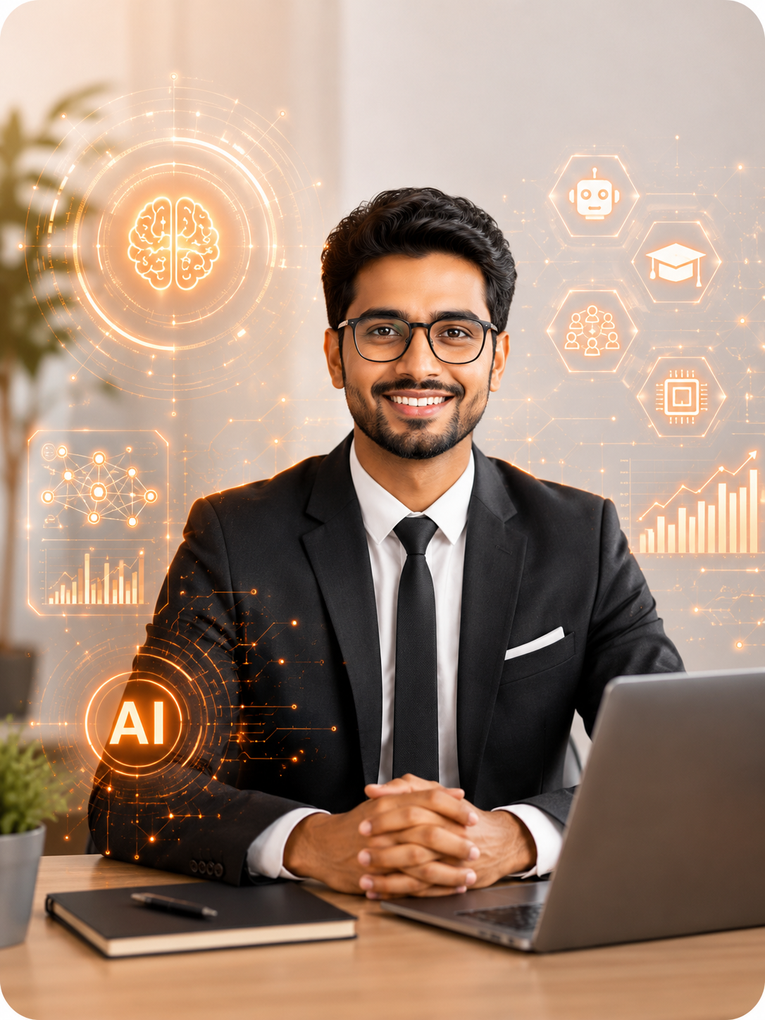 A professional collaborating with AI interface in a modern office