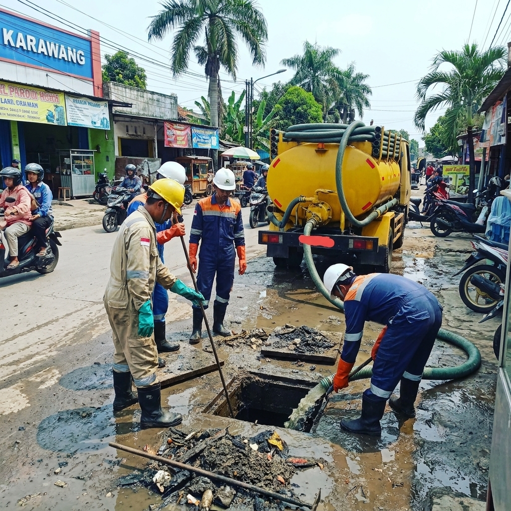Pemeliharaan fasilitas air di jalanan Kota Karawang
