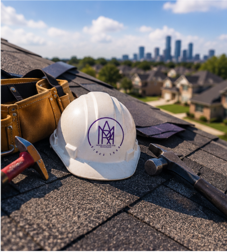 Morfin roofing tools and hard hat on the job