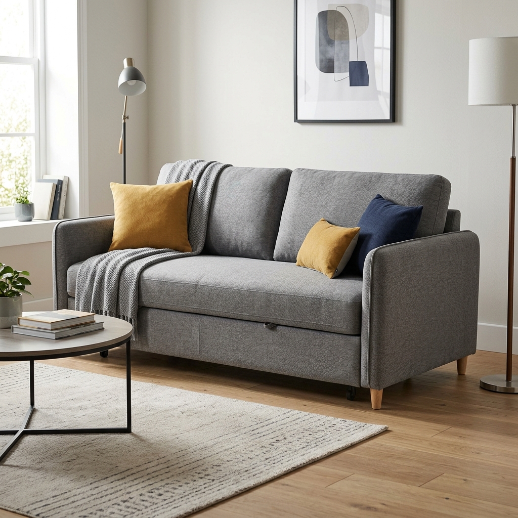 Selma Maxton Sofa Bed Fabric - Sofa ruang tamu minimalis warna abu muda dengan bantal warna kunyit dan biru tua