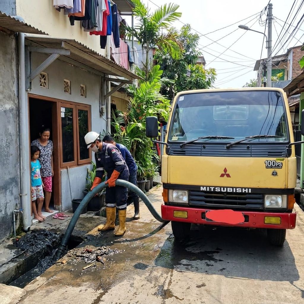 Armada truk sedot WC Mitra Bersih melaksanakan tugas di area Klari