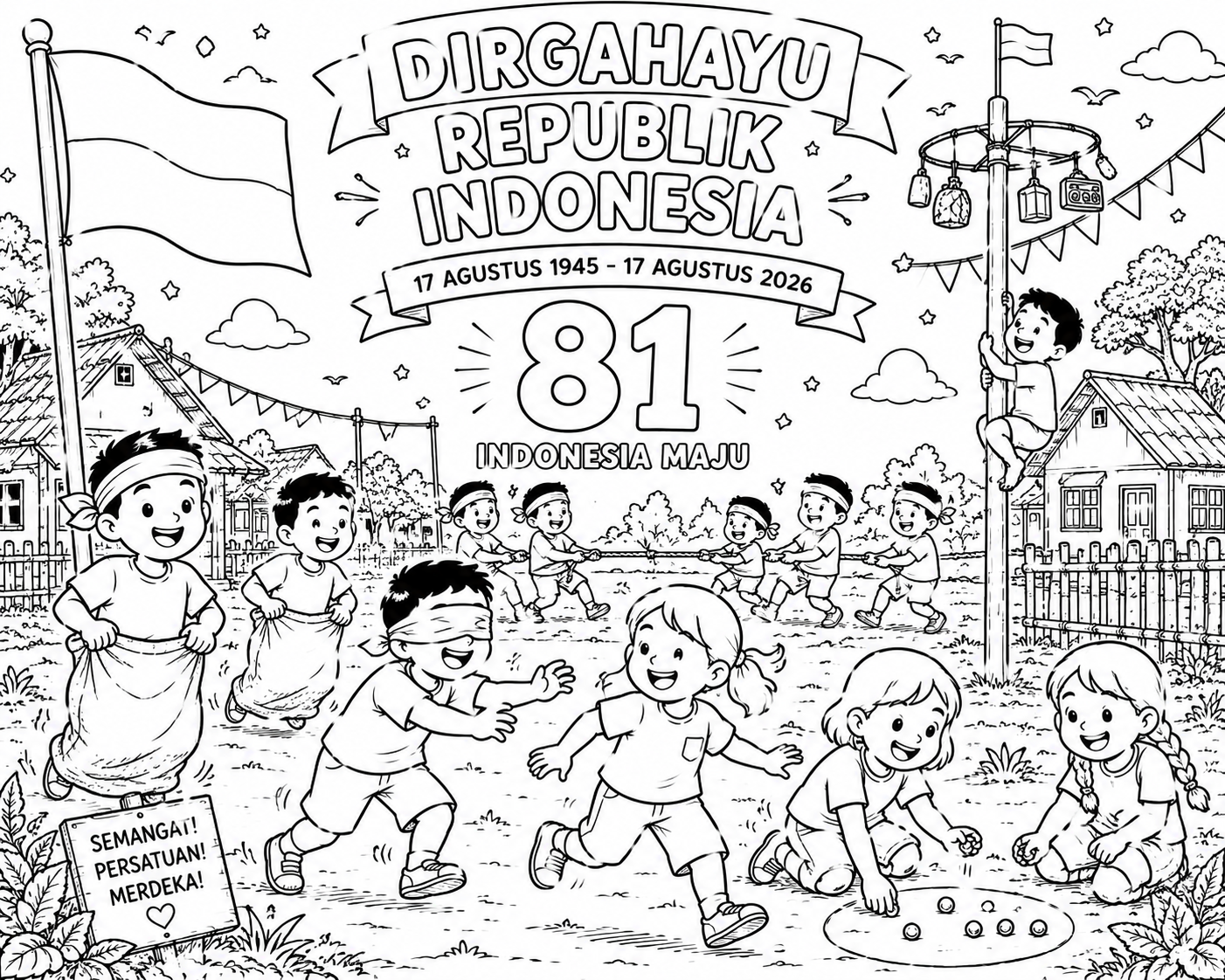 Gambar mewarnai HUT RI 81 anak bermain balap karung dan tarik tambang dengan tulisan Dirgahayu Republik Indonesia