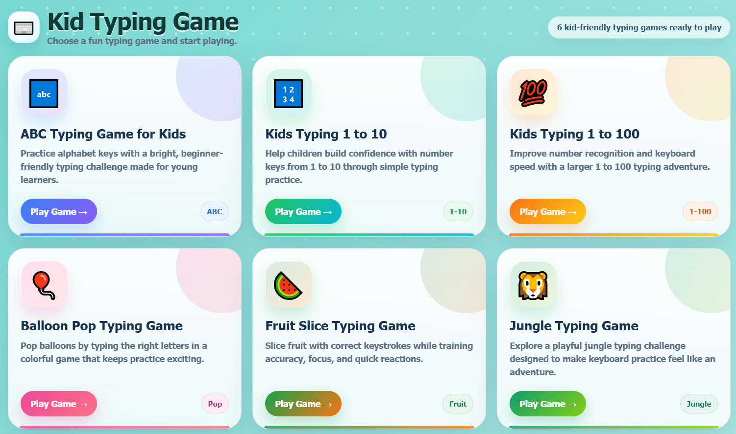 Kid Typing Game selection screen with six colorful educational typing games including ABC, numbers, balloon pop, fruit slice and jungle