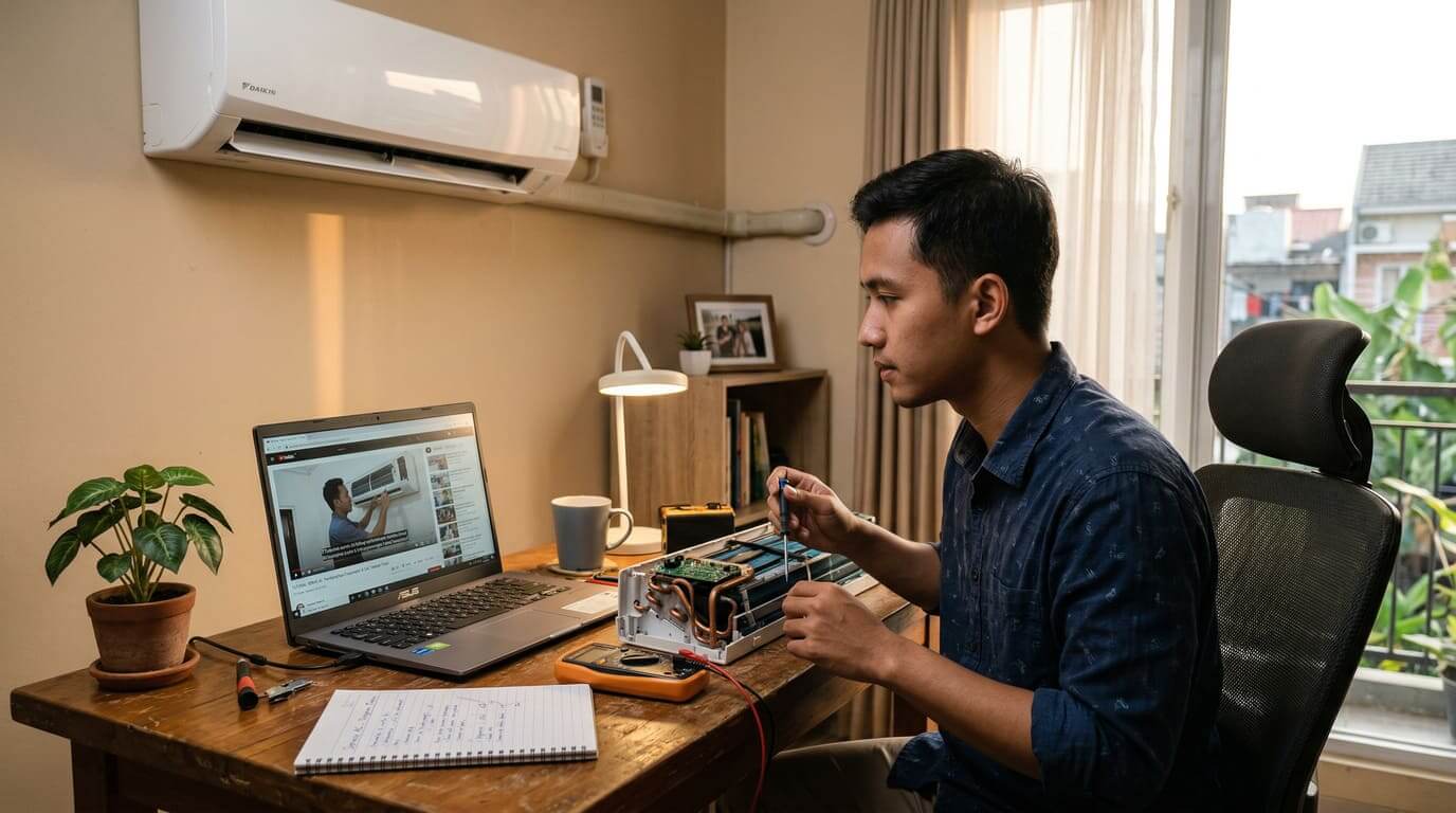 Belajar service AC online dari rumah dengan laptop