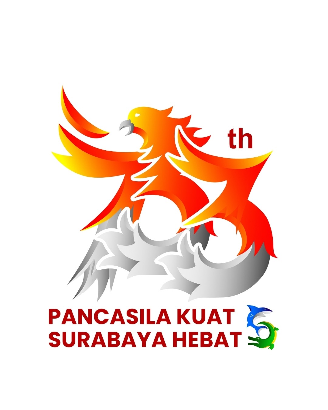 Logo resmi Hari Jadi Kota Surabaya ke-733 tahun 2026 bertema Pancasila Kuat Surabaya Hebat, menampilkan simbol phoenix merah-oranye menyatu dengan angka 733