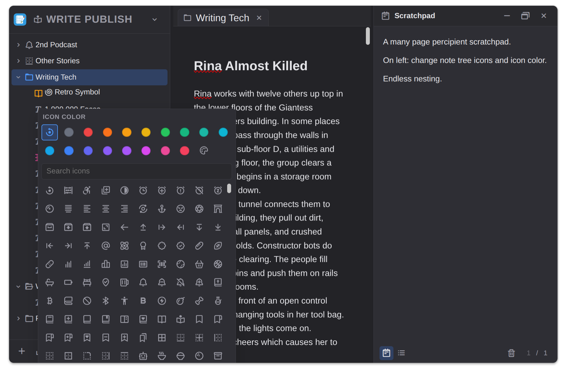 In20xx Notes with the scratchpad panel open and a folder icon and color picker displayed