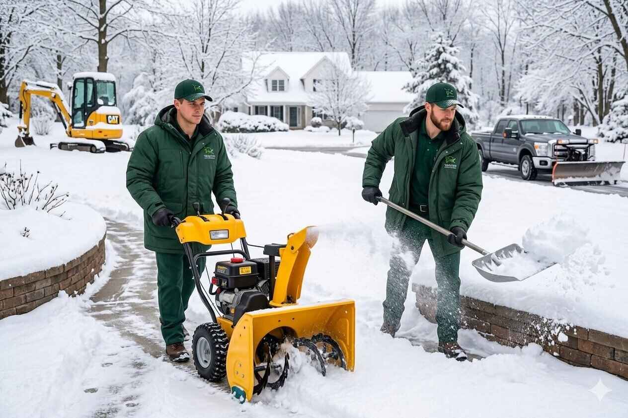 Trusted Lawn Services snow removal crew in green uniforms operating snow blower and shoveling snow with CAT excavator and plow truck in snowy residential neighborhood