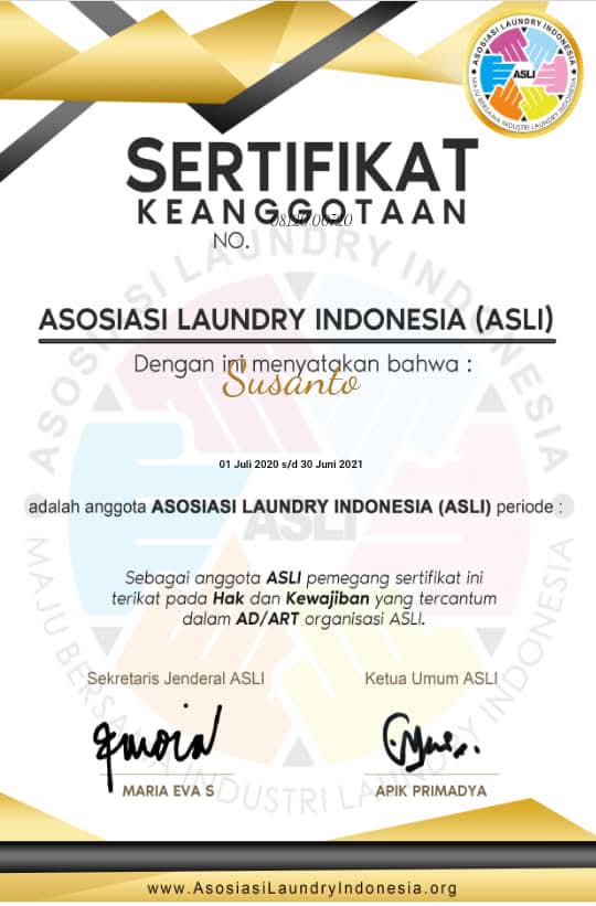 Sertifikat Keanggotaan ASLI - Beyfresh Laundry