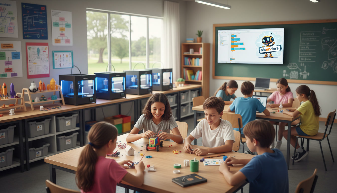 Sala de aula de tecnologia educacional com alunos operando robôs e impressoras 3D