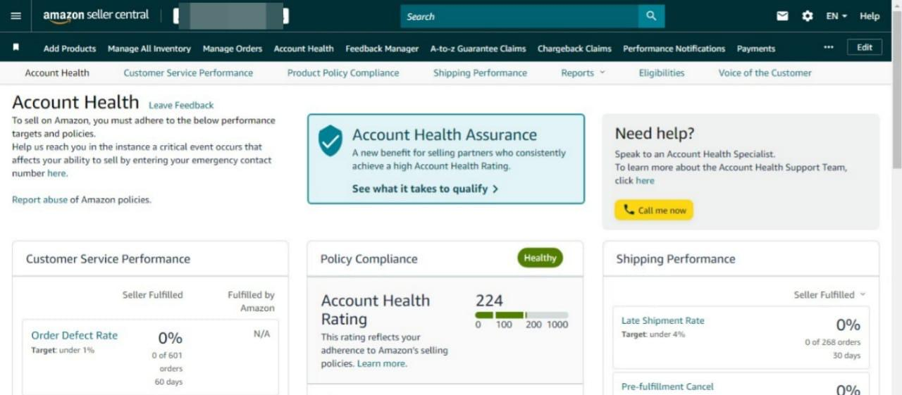 Amazon Account Health Dashboard — Score 224, 0% Defect Rate