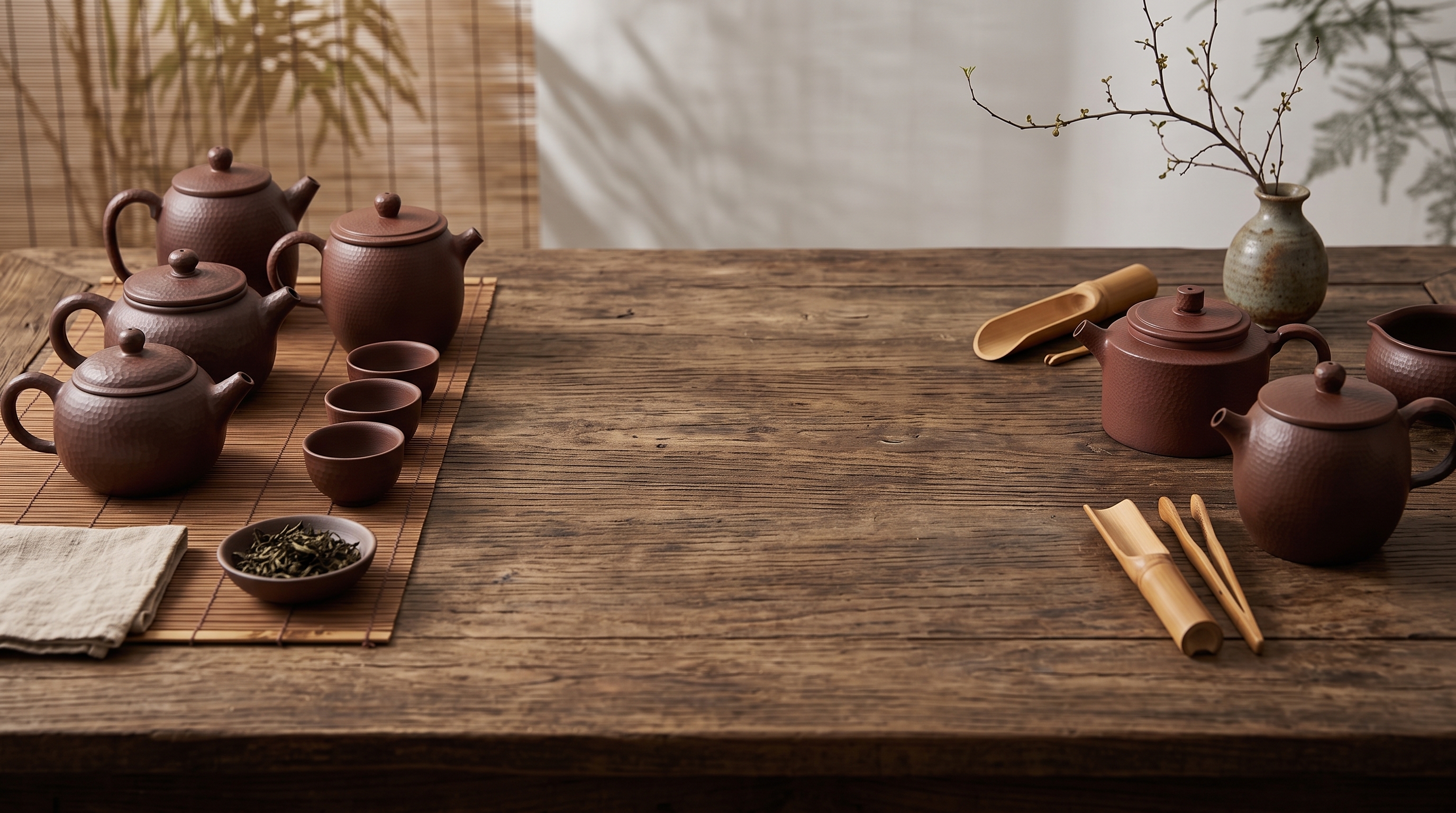 An arrangement of Zitao teapots and tea wares on a wooden table, bamboo curtain behind