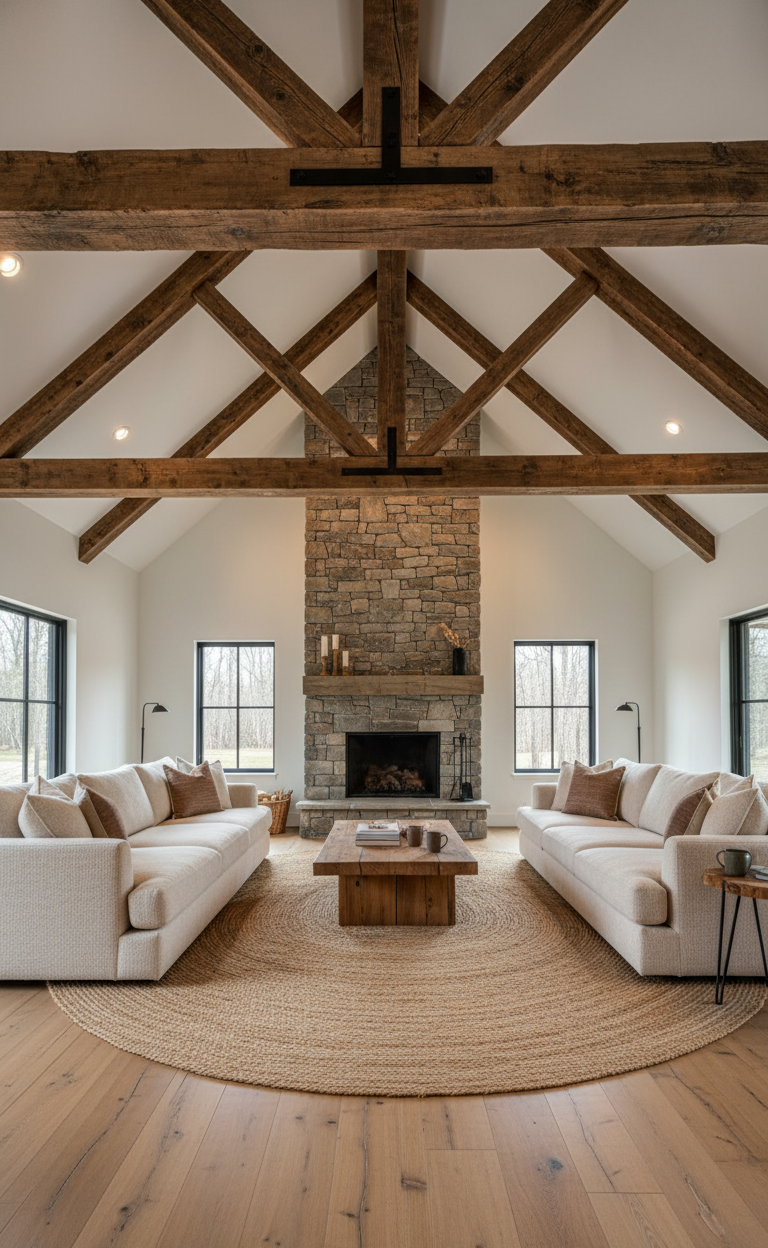 Cozy living room with exposed wooden ceiling beams
