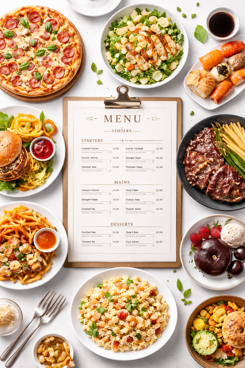 Gourmet spread with elegant restaurant menu design showing starters, mains, and desserts with prices