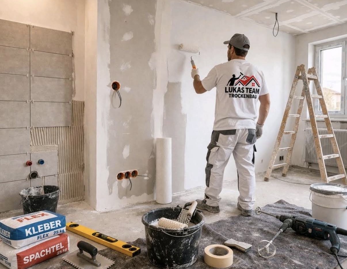 Mitarbeiter im Firmenshirt spachtelt eine Wand glatt
