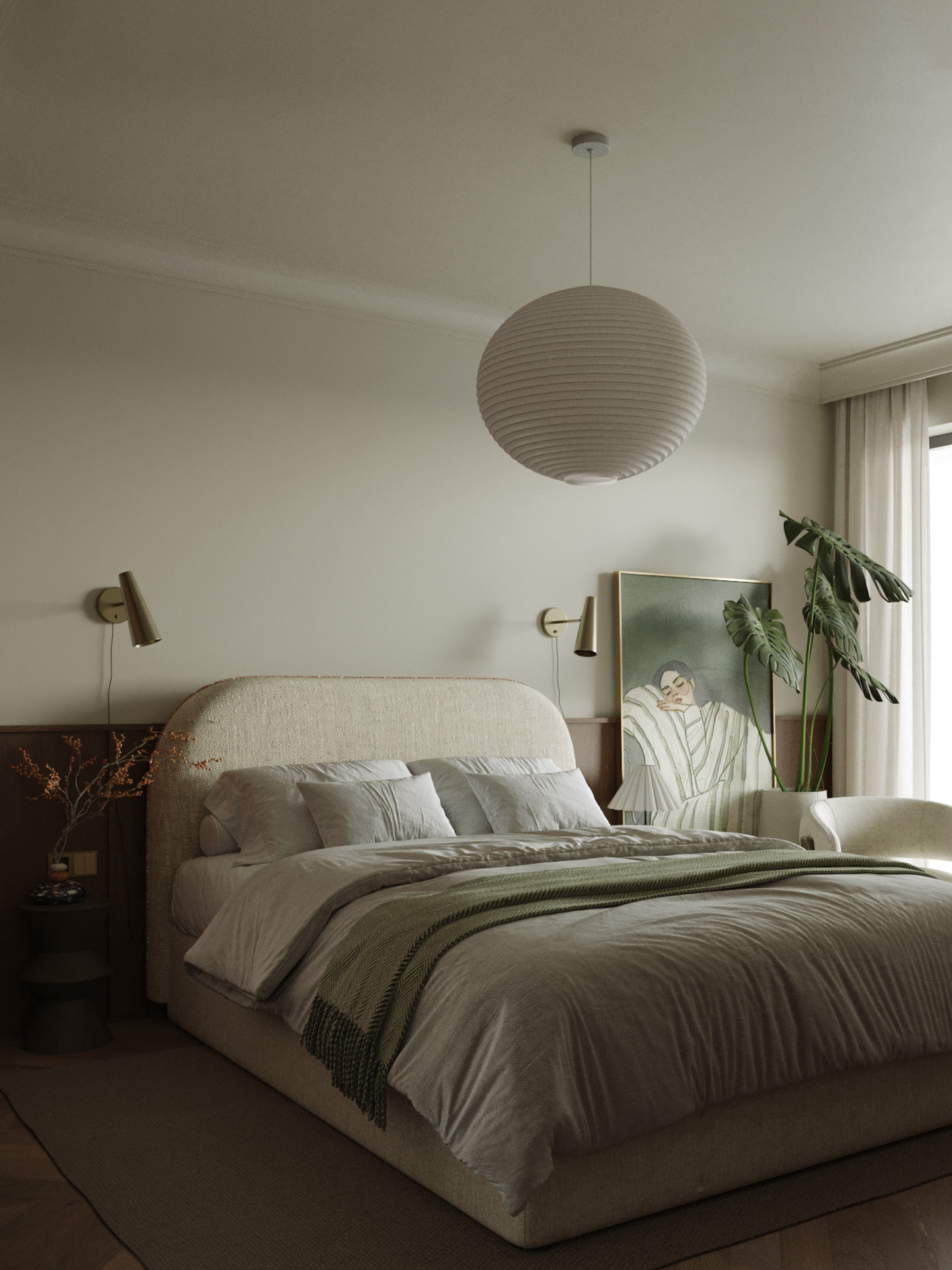 Minimalist cozy bedroom with green blanket and art