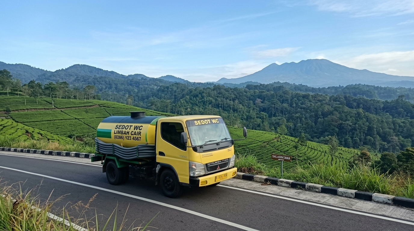 Truk sedot WC Sukabumi warna kuning hijau melintasi perkebunan teh di Sukabumi