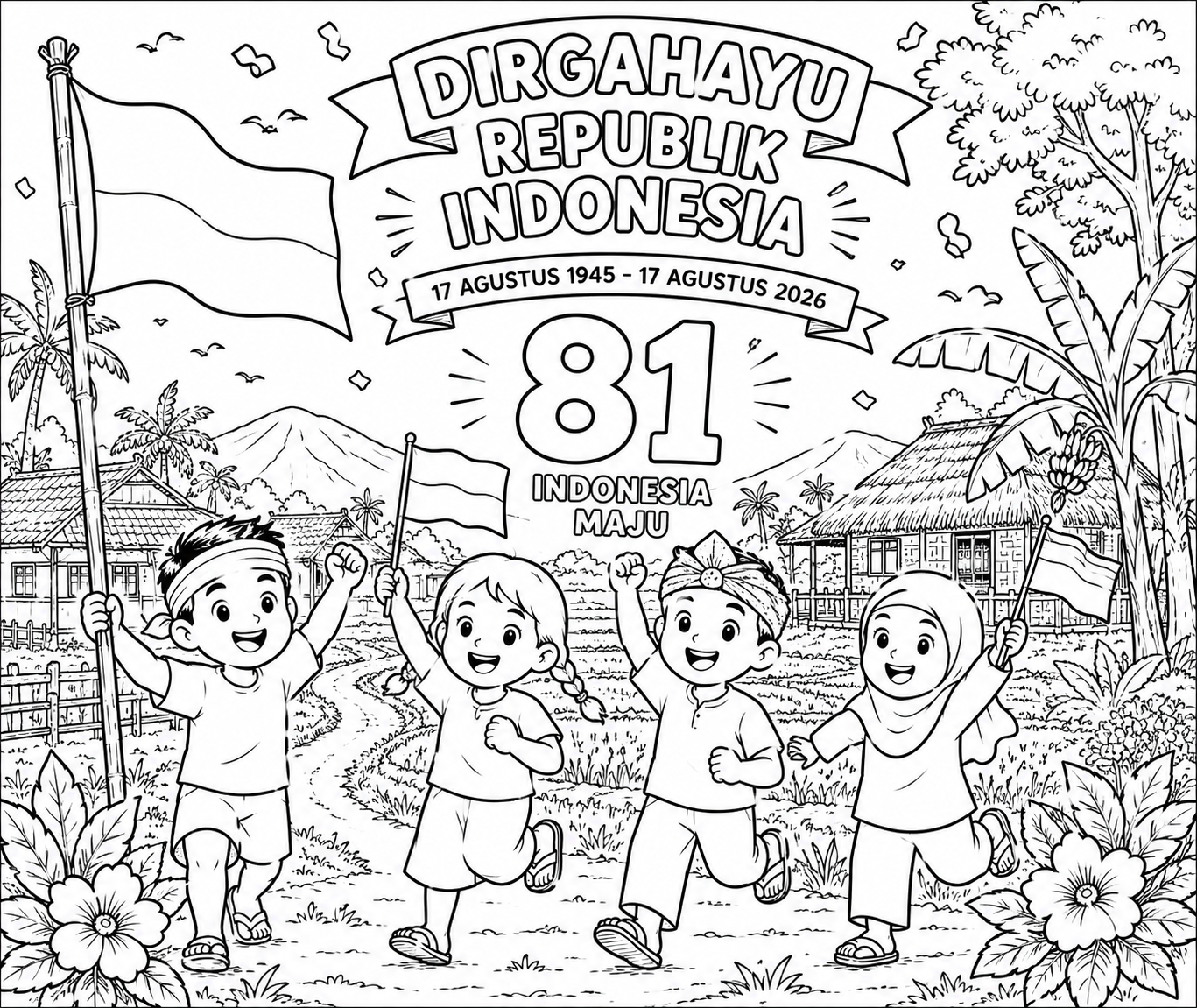 Gambar mewarnai HUT RI 81 empat anak membawa bendera di desa dengan pohon kelapa dan gunung