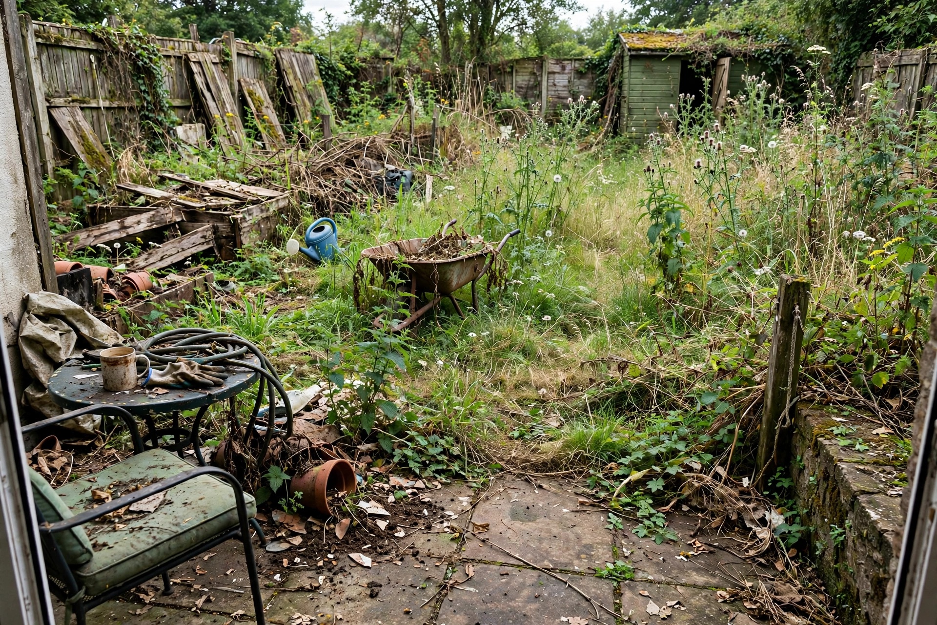 Vorher: verwilderter, ungepflegter Garten mit überwucherten Beeten und Laub