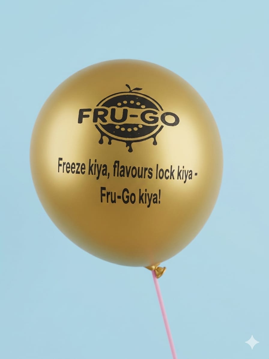 FRU-GO branded golden balloon with custom printed tagline
