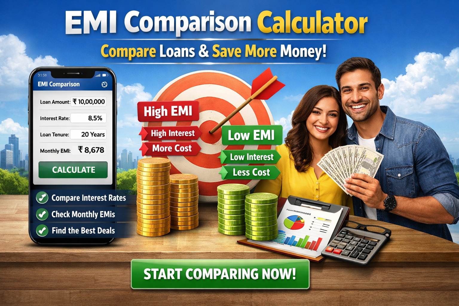 EMI Comparison Calculator — Compare home loan, car loan and personal loan EMIs side by side to save more money in India