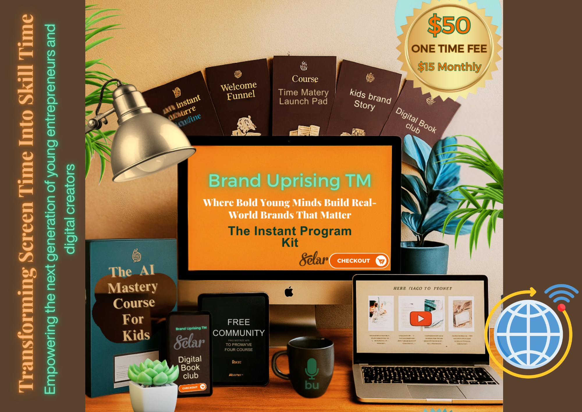 Brand Uprising Program - Transforming Screen Time Into Skill Time with office setup showing monitors displaying Brand Uprising TM, laptops, books like The AI Mastery Course For Kids and Digital Book Club, with the tagline Where Bold Young Minds Build Real-World Brands That Matter