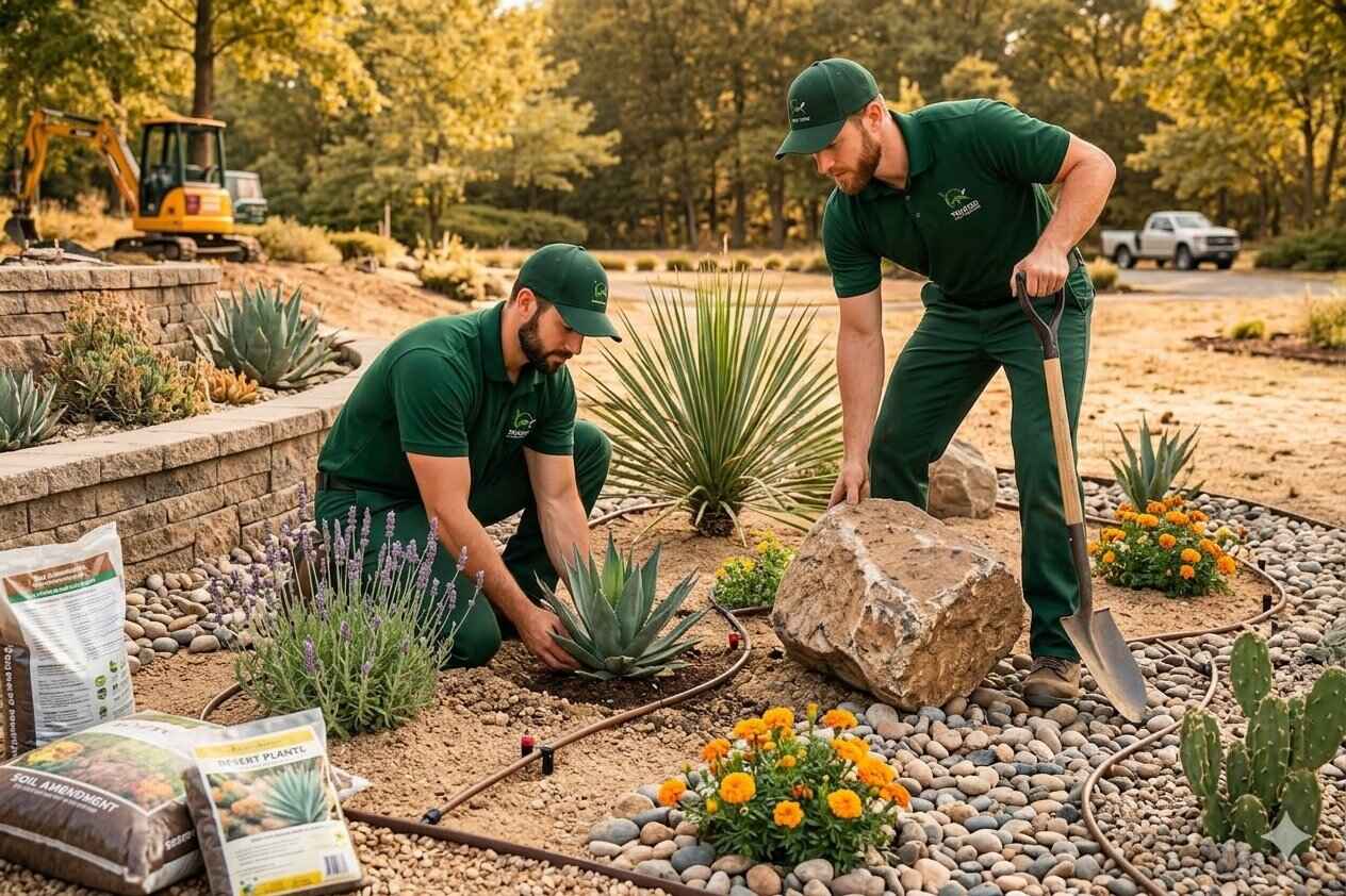 Trusted Lawn Services crew installing xeriscape with cacti, flowering plants, decorative boulders, gravel ground cover, and soil amendment bags
