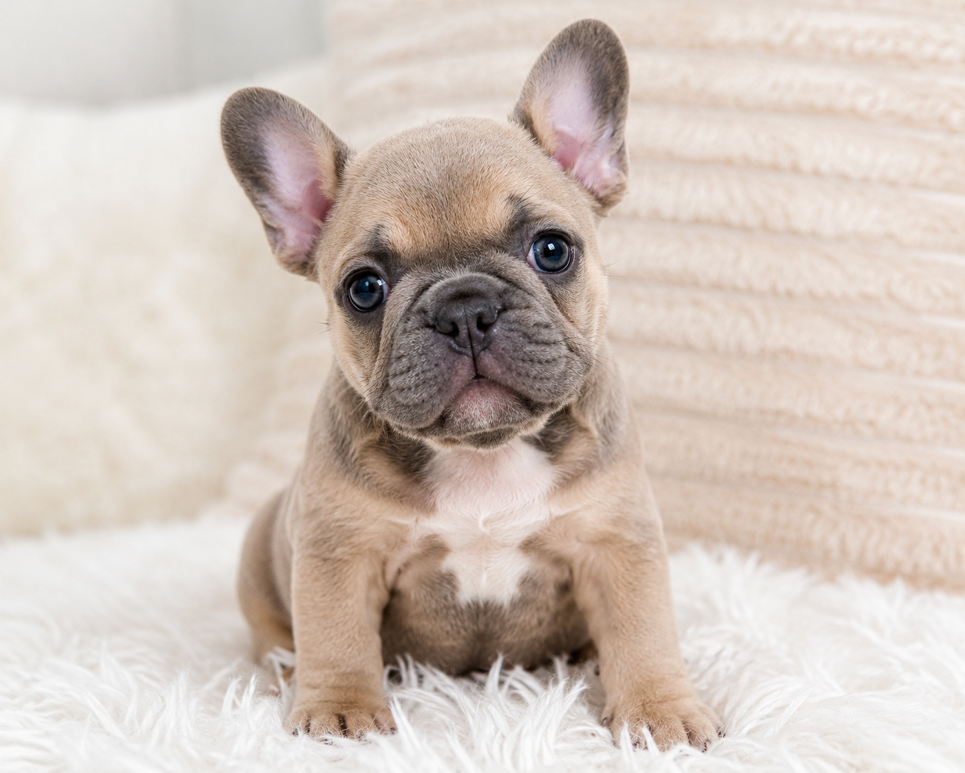 Healthy fawn French Bulldog puppy with white chest at Little Frenchie Paw