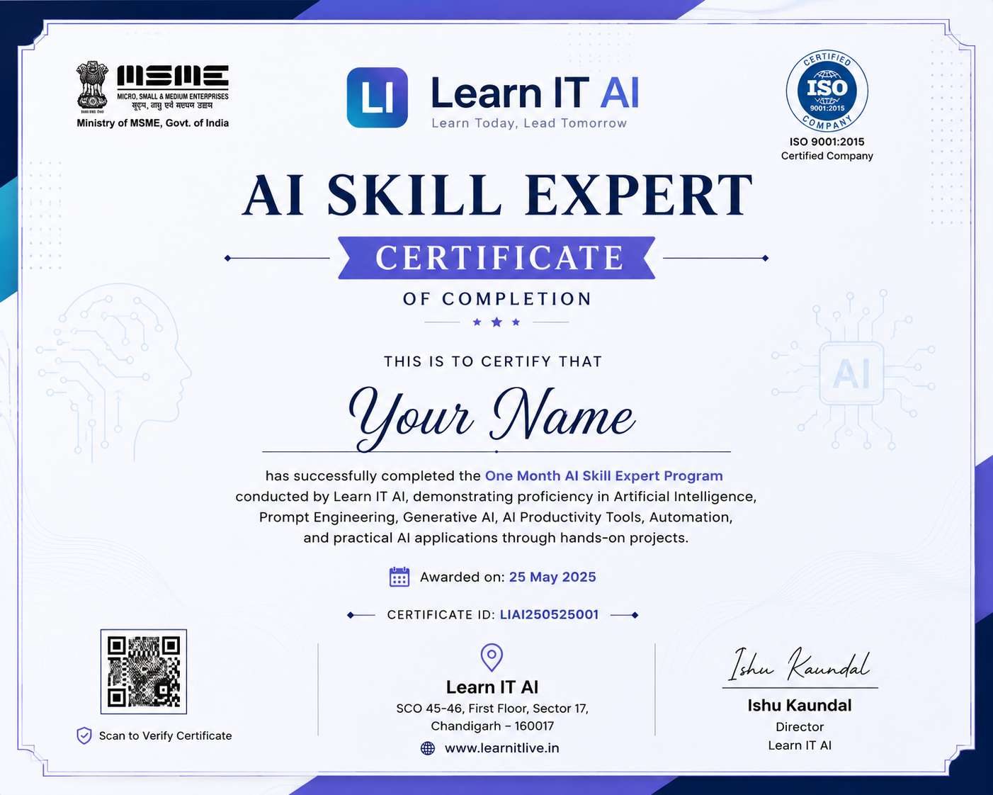 AI Skill Expert Certificate of Completion by Learn IT AI
