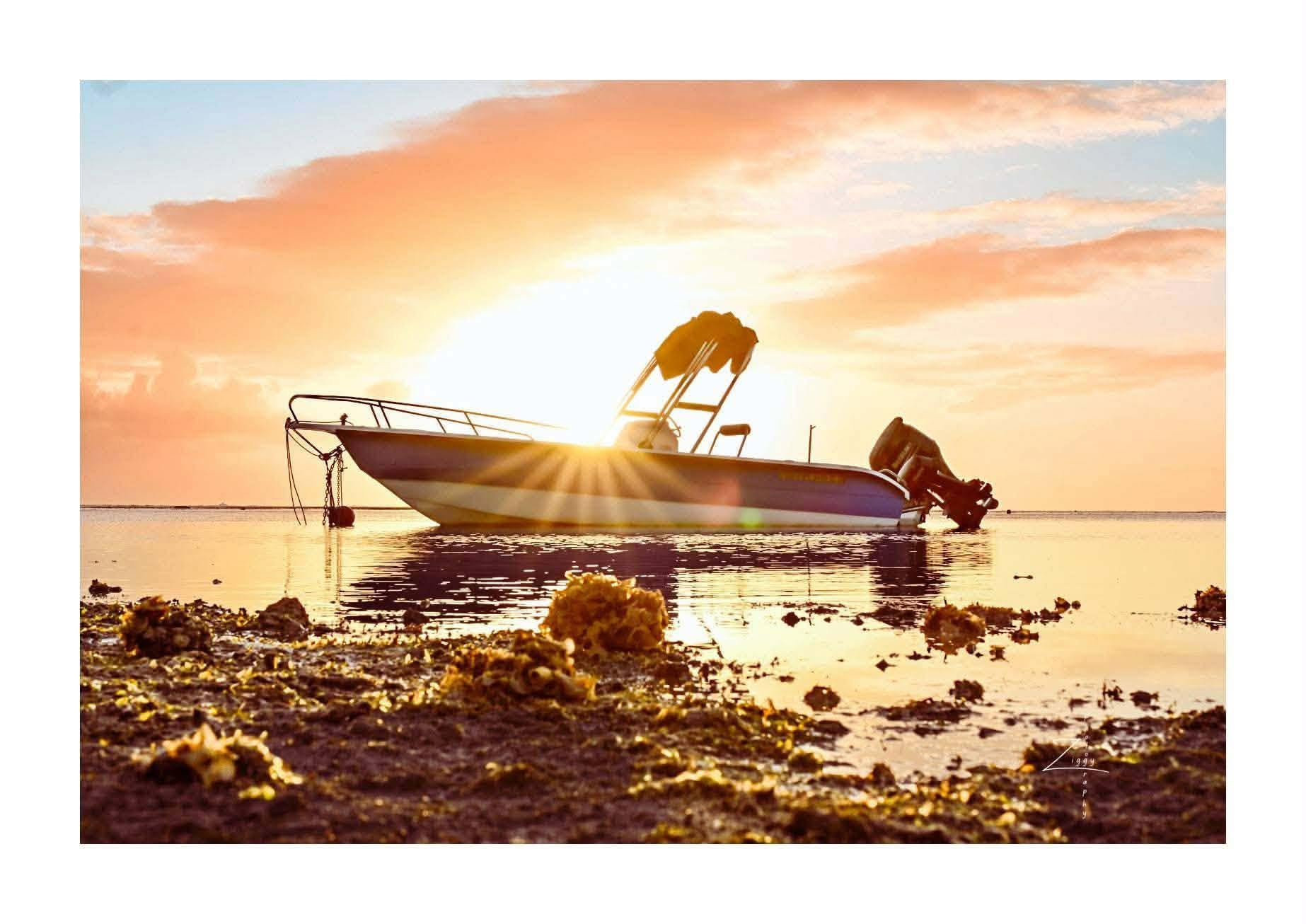 Aqua Morne boat at golden sunset on the Mauritian coast