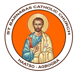 St. Barnabas Catholic Church logo — circular emblem depicting St. Barnabas in blue and gold robes with a halo, ringed by orange text reading 'St Barnabas Catholic Church · Haatso - Agbogba'