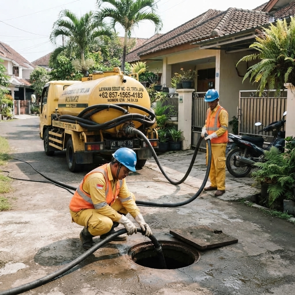Teknisi sedot WC sedang berjongkok memeriksa saluran bawah tanah sambil memegang selang hisap