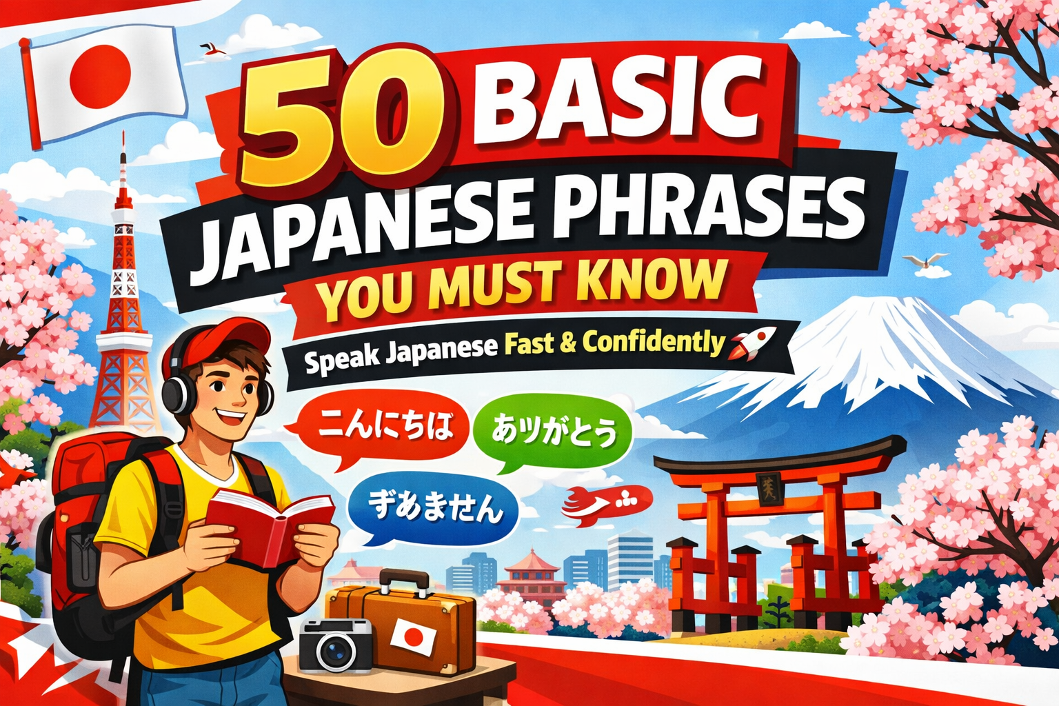 Learn key Japanese phrases quickly illustration with Mount Fuji and Tokyo Tower